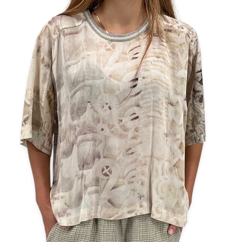 Anthropologie x Tiny Valetta Top Loungewear Neutral Patchwork Short Sleeve | XS